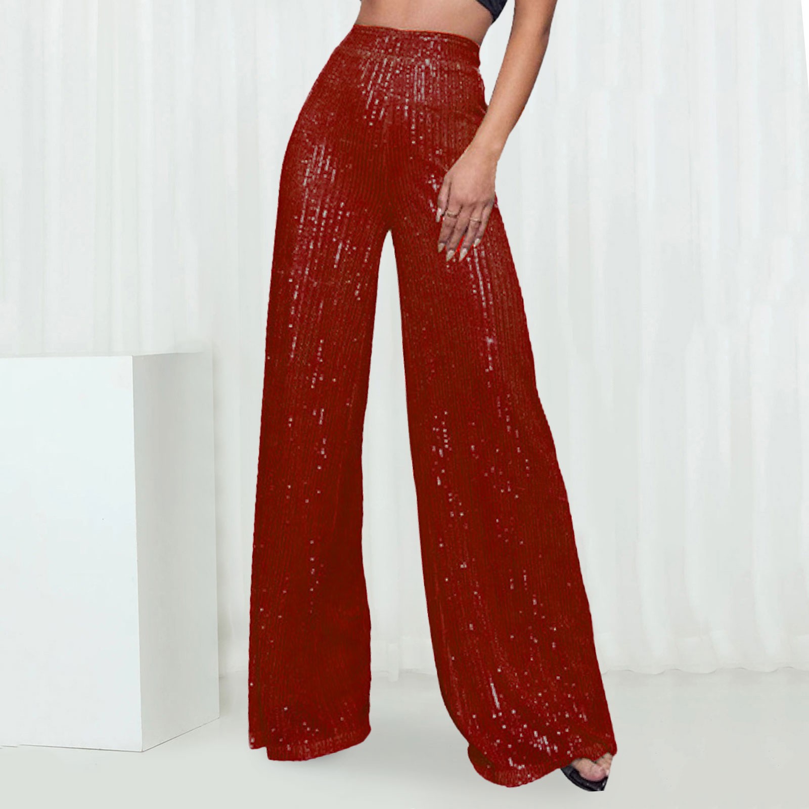 thumbnail image 2 of Pantalones acampanados de cintura alta con lentejuelas para mujer - Lentejuelas brillantes para discotecas/fiestas (S-XXL), 2 of 6